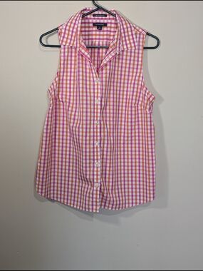Lands' End No Iron Supima Cotton Sleeveless Button Down Shirt Plaid Pink Orange